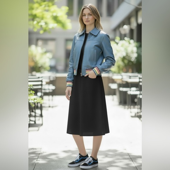 THE MIGHTY COMPANY Blue Bomber Jacket with Rainbow Stripe Trim - Picture 2 of 9